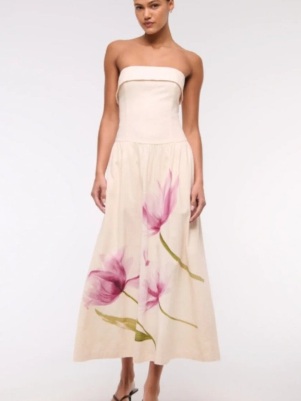 NWT Abercrombie + Fitch Strapless Drop-Waist Linen-Blend Maxi Dress, Sz Small